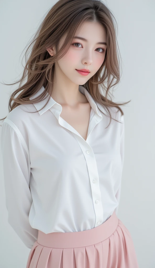 The 27-year-old beauty 、 it combines innocence and elegance in a classic JK uniform, By pairing a pure white blouse with knee-length pants ,  soft pastel pleated skirt . Her hair is loosely styled,  wavy curls flowing down her back ,  frames her face with natural beauty . Smile and Quiet,  Eye Catching ,  adds warmth and authenticity to her impressive appearance ,  gives a friendly and enigmatic impression .