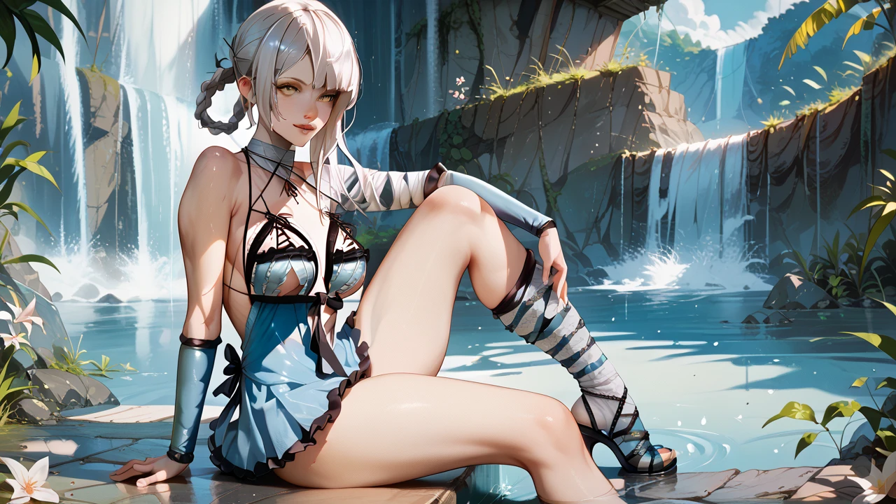   Sexy Kaine ,UHD, on a bridge,  in the background of a waterfall,  silver hair, pose sexy, sitting, one leg up,