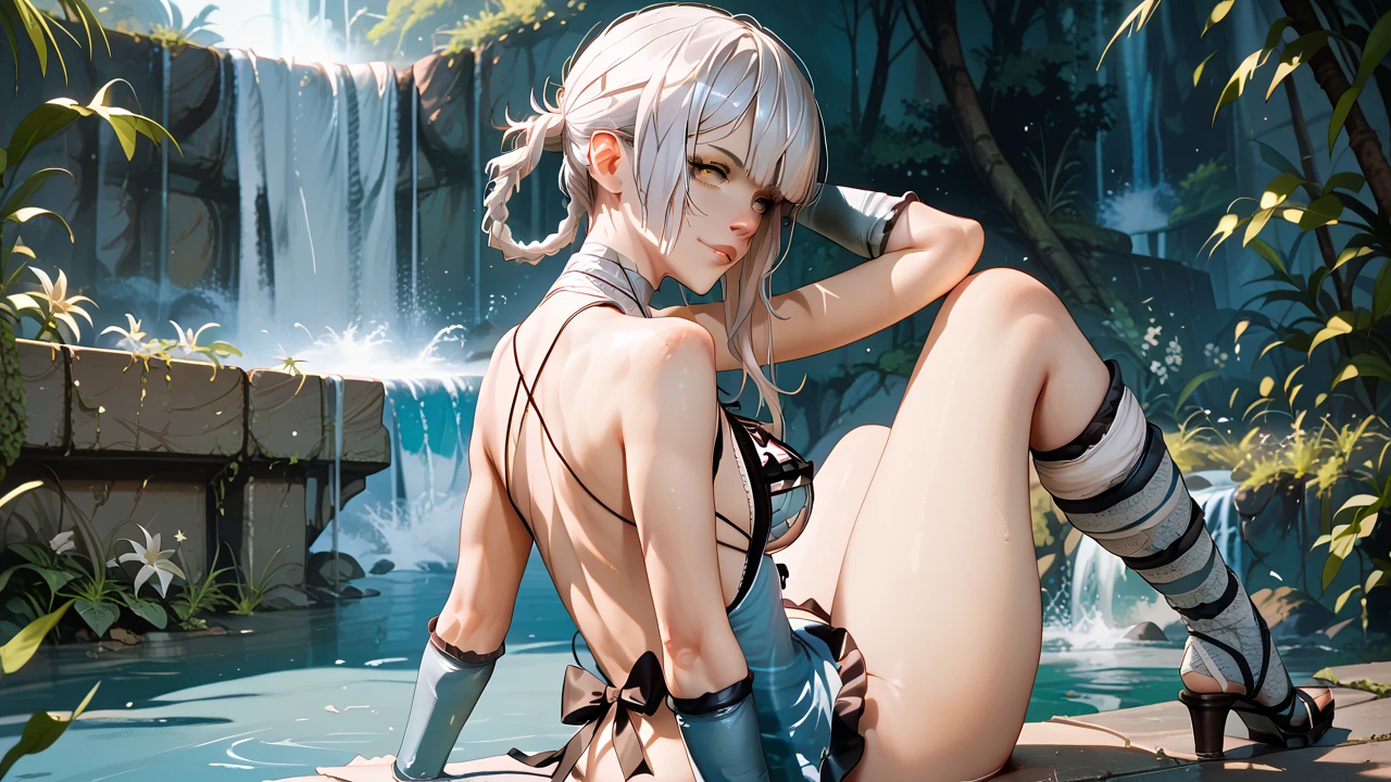   Sexy Kaine ,UHD, on a bridge,  in the background of a waterfall,  silver hair, pose sexy, sitting, one leg up,