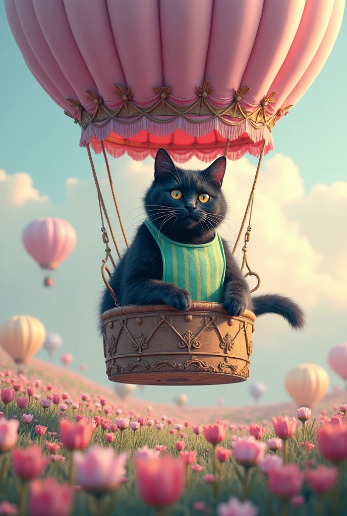 ultra-realistic, photorealistic, dramatic scene, shadow, global-illumination, the human-like giant black cat\(wearing a vertical striped green apron, black cat \), the cat is riding in a hot air balloon and floating in the air in the various pastel colored flower field with full bloom, a hot air balloon is rising up into the sky, the gondola of the hot air balloon is gorgeously decorated with various pastel colored flowers, sunny day in winter, spectacular view of vast flower field with large hot air balloon, very cute pastel colors of pink and light blue with light green