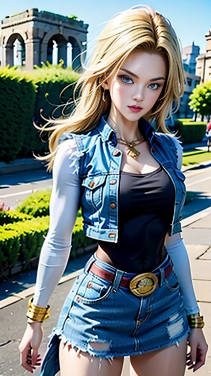 android 18, athletic body, pose sensual, muscle girl, breasts big, shorth hair loiro, blue colored eyes, waist belt, booties, tight blue denim skirt, golden necklace, black leotard, shorth hair, striped long sleeves, earrings, open vest, denim vest, cowboy photo, CityView, facing the front, (climate: windy), cute smile, long pantyhose, battle ruins, (RAW Photos, 8k Ultra HD, film grain)