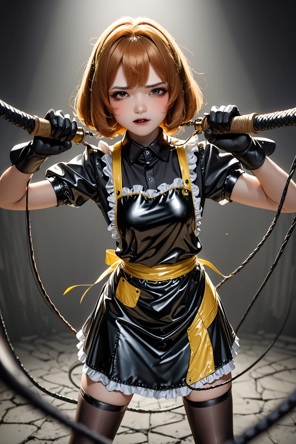  ultra,  The highest quality image ,  artistic masterpiece.  The Japanese-looking girl ,  heavenly beauty , 18+. arrogant, very angry, dissatisfied. copper hair ,  maid bandage .  Black lace latex dress ,  black lace latex skirt ,  black latex stockings ,  black latex gloves,:   (Yellow latex lace apron) .  No naked body . Standing in a dark ,  raw dungeon.Holds a black weapon , whip ping, cutting , whip, fighting stance,((( whipping:1.2, motion blur   ))), arms outstretched , doyagao , входящий vertical whip: 1.2 , incoming horizontal whip: 1.2