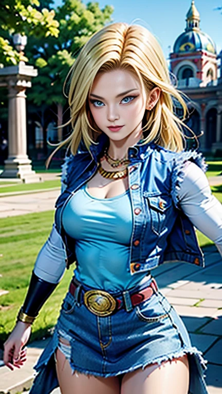 android 18, athletic body, pose sensual, muscle girl, breasts big, shorth hair loiro, blue colored eyes, waist belt, booties, tight blue denim skirt, golden necklace, black leotard, shorth hair, striped long sleeves, earrings, open vest, denim vest, cowboy photo, CityView, facing the front, (climate: windy), cute smile, long pantyhose, battle ruins, (RAW Photos, 8k Ultra HD, film grain)