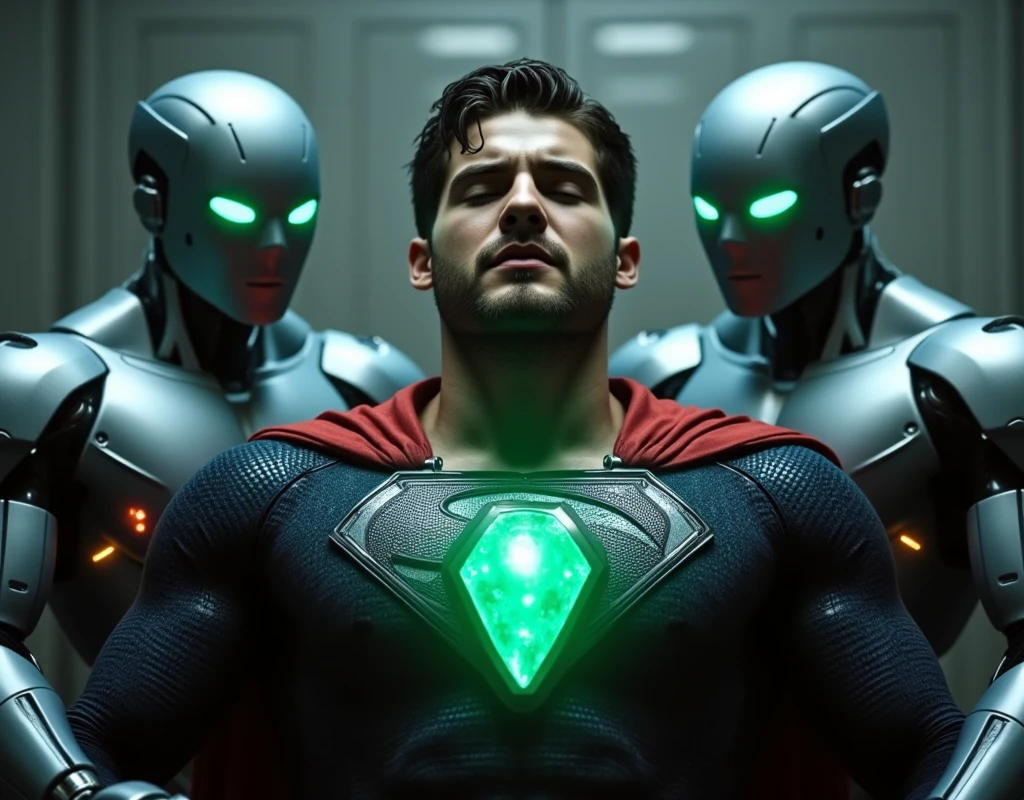 Cody Christian, who is dressed in a Superman costume with a red cape, a glowing emerald green crystal pendant hanging from his neck. The superhero has dark hair and a beard, and appears unconscious or weakened, with his head down, Arms Behind Back,  He looks weak and in pain, with his mouth slightly open and his eyes closed. He is being arrested by two humanoid robots with metallic silver bodies and glowing green eyes. The robots have smooth, featureless faces and are holding the man by the shoulders. 