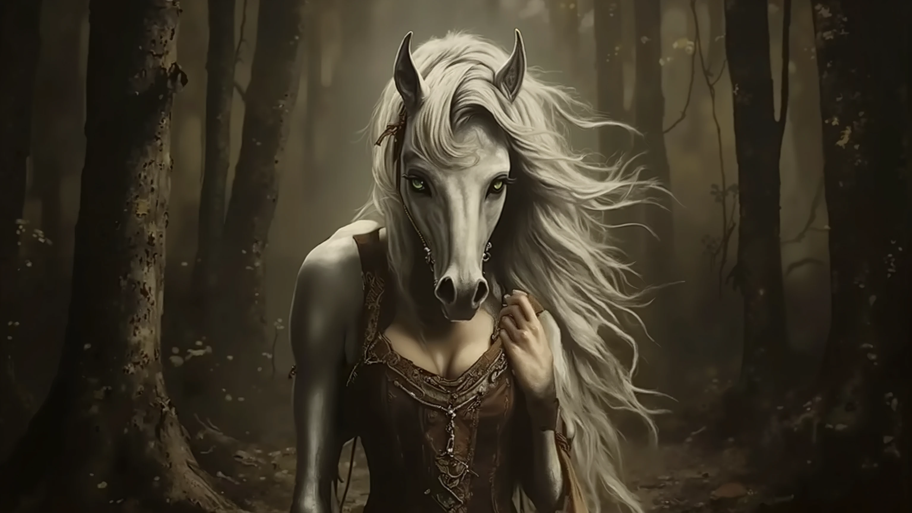 Full body, a realistic female centaur, her stunning upper body is a gorgeous human woman, her legs and lower half a beautiful white Arabian mare, her hair is shock white waves of silk, her eyes a bright mischievous emerald green, she gazes at the viewer seductively and smiles as she makes her way through dark and dense woods, she wears an unbuttoned leather doublet that barely covers her heavy breasts, fantastical, mythical, high definition, 8k, fantasy, realistic, rich textures, perfect hands, perfect face, perfect hair, perfect musculature,