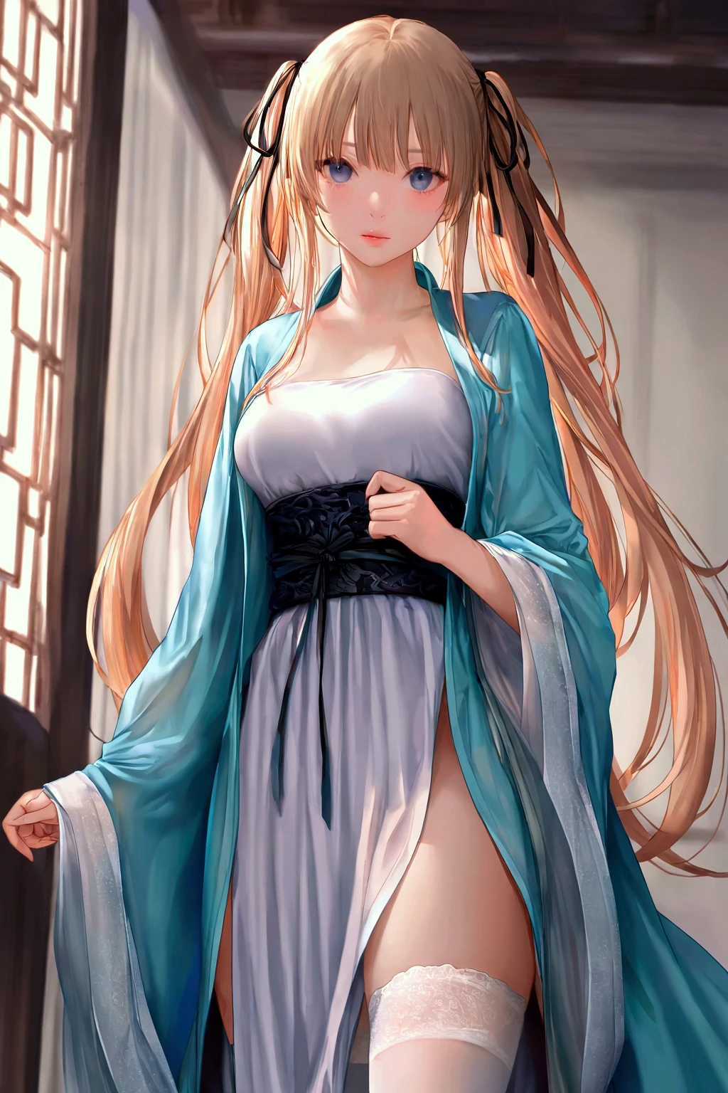 (sawamura_spencer_eriri:1.1), medium breasts, (very long hair:1.0), 
white thighhighs,
guofeng, hanfu, chinese clothes, 1girl, solo, 
masterpiece, best quality, realistic, 8k, official art, cinematic light, ultra high res, perfect female body, sharp focus, realistic,