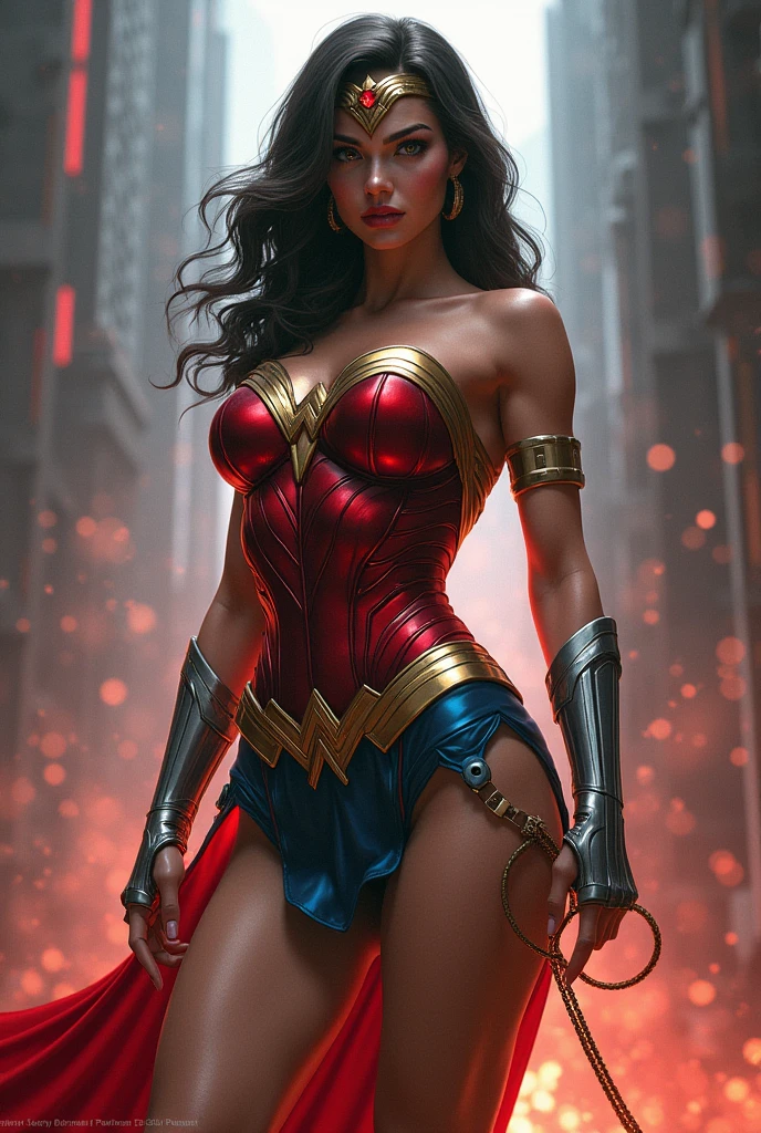 (ultra realistic,32k, masterpiece:1.2),(high detailed skin:1.1),( 8k uhd, dslr, high quality:1.1),
 <lora:ww_v1:0.7>ww, wonder woman, 1girl, solo, breasts, black hair, brown eyes,, , <lora:add_detail:1>, (huge breast:1.1), 
(looking at viewer, Bend forward:1.1),
,(volumetric lighting:1.1), floating data center, cloud computing hubs, server farms in floating platforms, data processing powerhouses