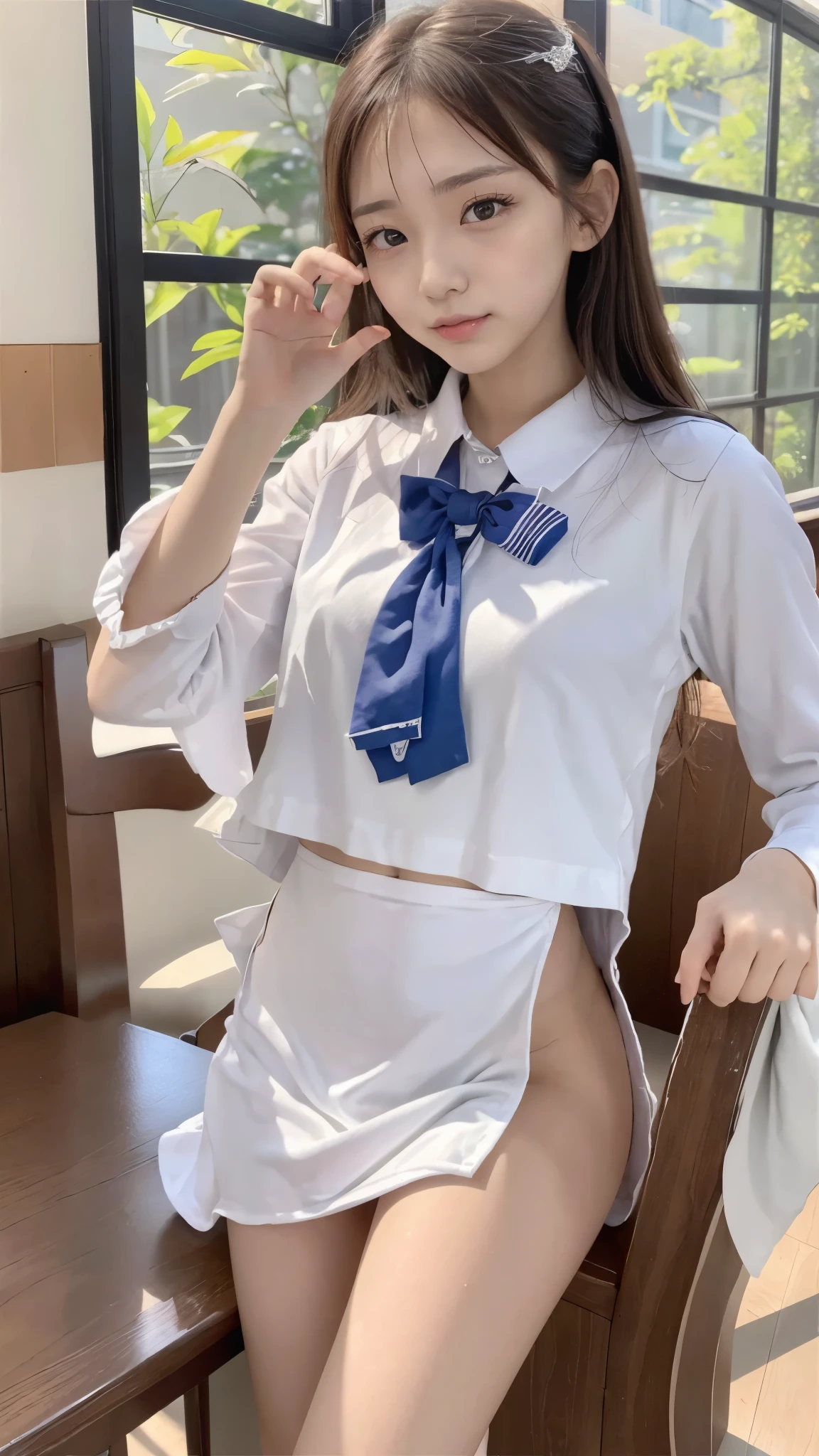 (8K、Raw photography、top-quality、masterpiece:1.2)、high-definition RAW color photography、professional photograpy、(realisitic、photoRealstic:1.2)、1girl in、18year old、masterpiece、realisitic、Happy smiling face、A charming smile、seducting smile、(cleavage of the breast:1.2)、(Keio University cheerleader costumes and miniskirt clothes:1.5)、Beautiful fece、Very cute、cute little、Women in Japan、female idol、round big eyes、small nostrils、Thin makeup、large round eyes、Narrow waist、 (A glimpse of panties:1.4)、Very small white panties、panties on、(panties under the skirt:1.5)、sitting in the couch、full body Esbian、taken from the under、Soft light、non nsfw、((dynamicposes、Cute girl in erotic pose showing panties)))、(camel's toe)、(half)、(panthyhose)、(Sit on the ground and bend your knees、Sit on your feet))、Only 1 person