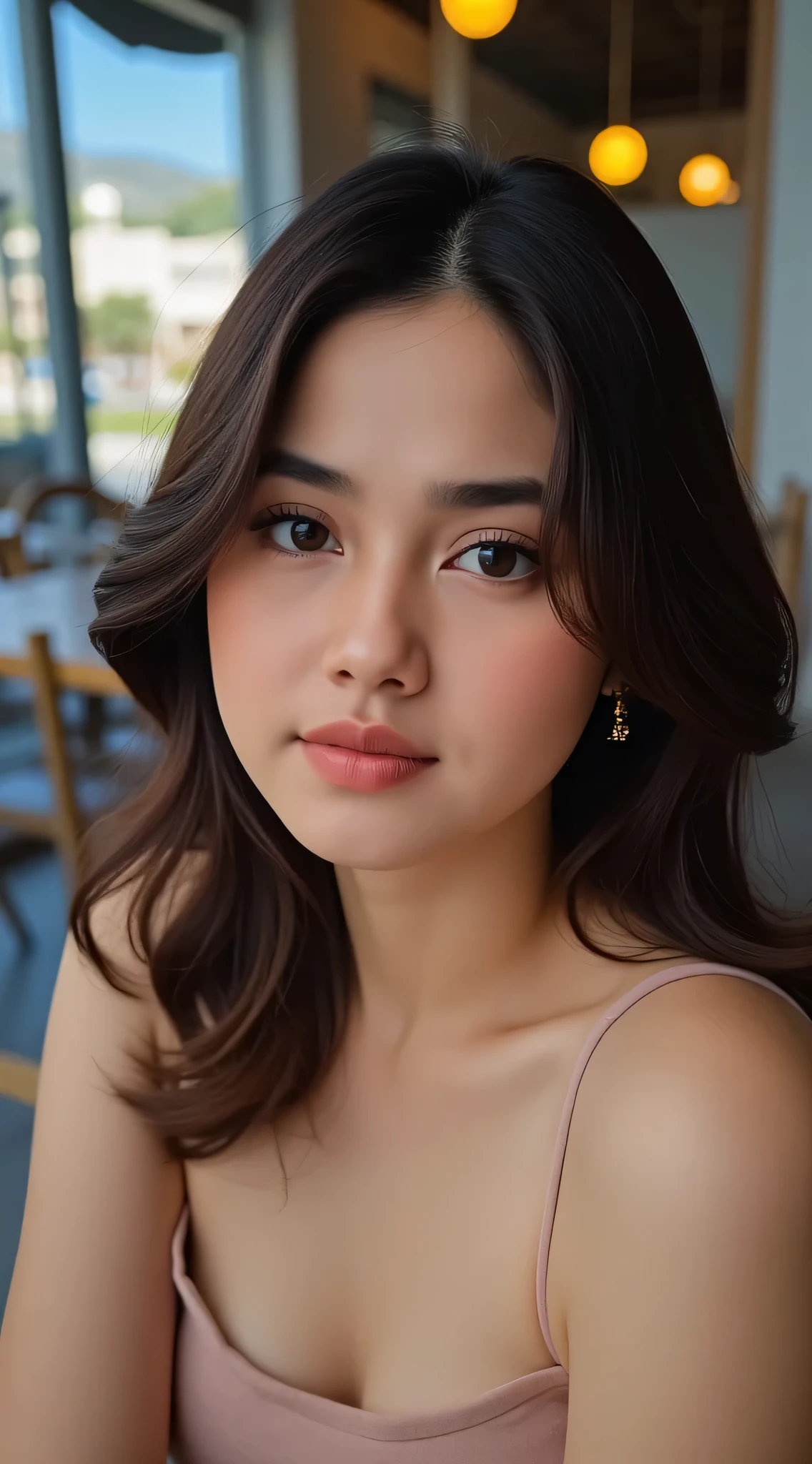 photo of young woman, highlight hair, sitting outside restaurant, wearing dress, rim lighting, studio lighting, looking at the camera, dslr, ultra quality, sharp focus, tack sharp, dof, film grain, Fujifilm XT3, crystal clear, 8K UHD, highly detailed glossy eyes, high detailed skin, skin pores