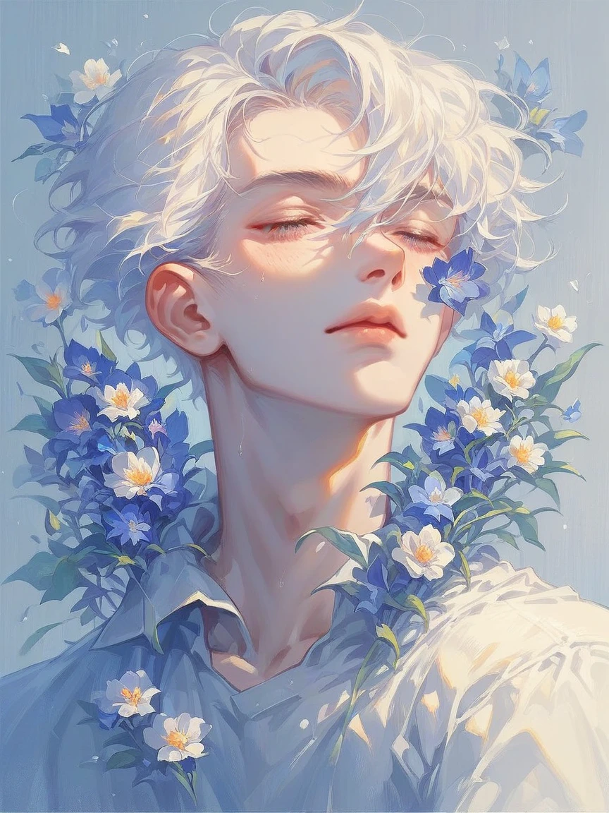 score_9, score_8_up, score_7_up, score_6_up, score_5_up, score_4_up,   blu3s, 1boy, flowers, white hair,