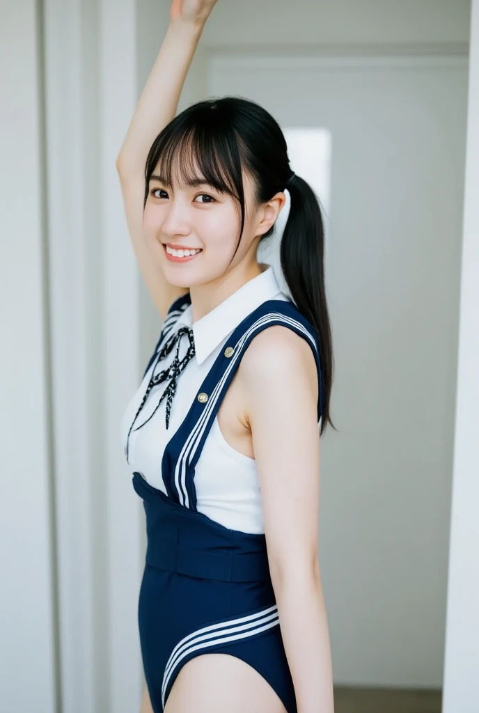 (Surreal Realism), (Awareness-raising), (High resolution), (8k), (Very detailed), (The best Awareness-raisingns), (Beautiful fine details), (highest quality), (Super detailed), (masterpiece), (wallpaper), (Detailed face), (Beautiful smile)、(Beautiful expression)、Side bangs、solo、((Baby Face))、(((topless)))、 (((small-tits))), (((flat-breasted)))、((Dark blue pleated skirt))(Black knee-high socks:1.2)、Slender body、Seductive Pose:1.4、Looking into the camera、School classroom、((Place your hands on the desk))、((A look that captivates the audience:1.3))Spread your legs wide,Drooling,race,panties,Cleavage