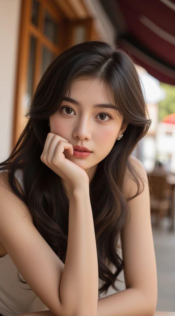 photo of young woman, highlight hair, sitting outside restaurant, wearing dress, rim lighting, studio lighting, looking at the camera, dslr, ultra quality, sharp focus, tack sharp, dof, film grain, Fujifilm XT3, crystal clear, 8K UHD, highly detailed glossy eyes, high detailed skin, skin pores