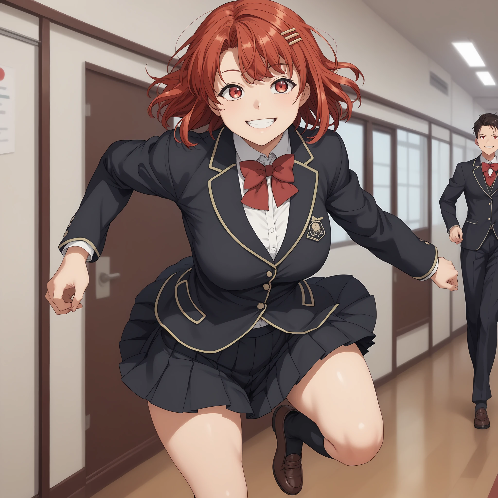 smile,
solo,
YuiObata,1girl,red hair,medium hair,hairclip,red eyes,
school_uniform,red bowtie,black blazer,long_sleeves,
pleated_skirt,black skirt,
black socks,
indoors,
full body,running,