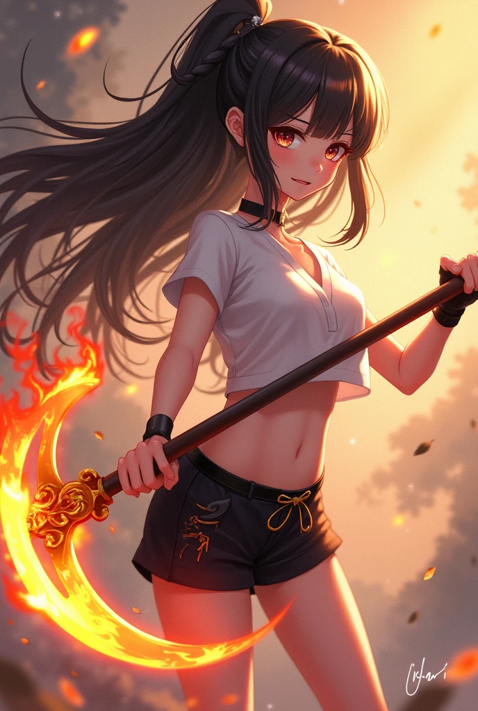 Art in Genshin style. A girl with long black hair, dark brown eyes, white skin, and holding a fiery sickle in her hand. She wears black shorts with a white shirt.Her facial expressions are excited.