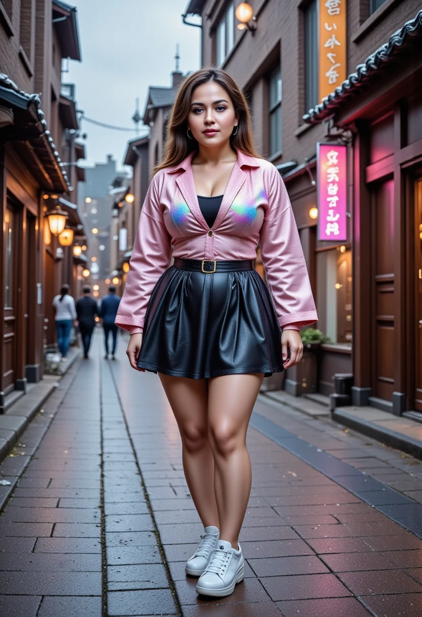 A vibrant young woman named “Karakuri Hanabi,” dressed in a modified traditional jacket with subtle rainbow gradients and sakura petal patterns, paired with a pleated skirt edged with faint neon circuit lines, her long twin-tails fade into a soft pastel glow, her accessories include mechanical bracelets and earrings shaped like miniature fireworks, holding a collapsible mechanical fan that projects holographic cherry blossoms, her chunky platform sandals emit faint pulses of light as she moves, standing in a cyberpunk-inspired Japanese street lined with traditional wooden buildings adorned with neon lights, soft mist drifting through the air, cinematic lighting, balanced realism.