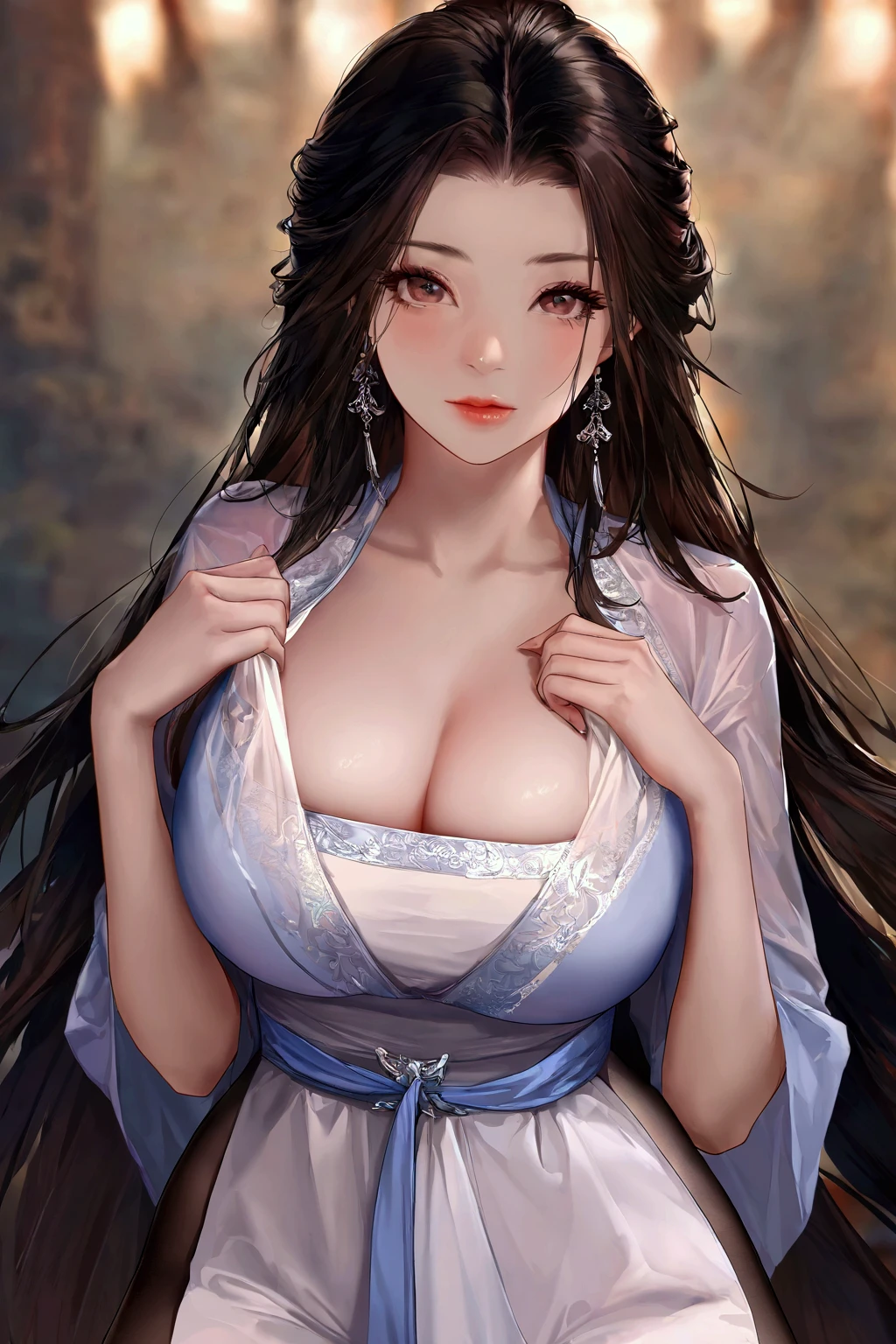 gufeng, guofeng, chinese clothes, hanfu, black pantyhose,
1girl, solo_focus, eyelashes, breasts, cleavage, thick thighs, wide_hips,  looking at viewer, upper body, 
masterpiece, best quality, realistic, 8k, official art, cinematic light, ultra high res, perfect female body, sharp focus, 
HDR, 8k, amazing quality, very aesthetic, absurdres, newest, detailed skin, detailed eyes, detailed hair, fantasy, photorealistic, photo background,  
uncensored, textless_version , 