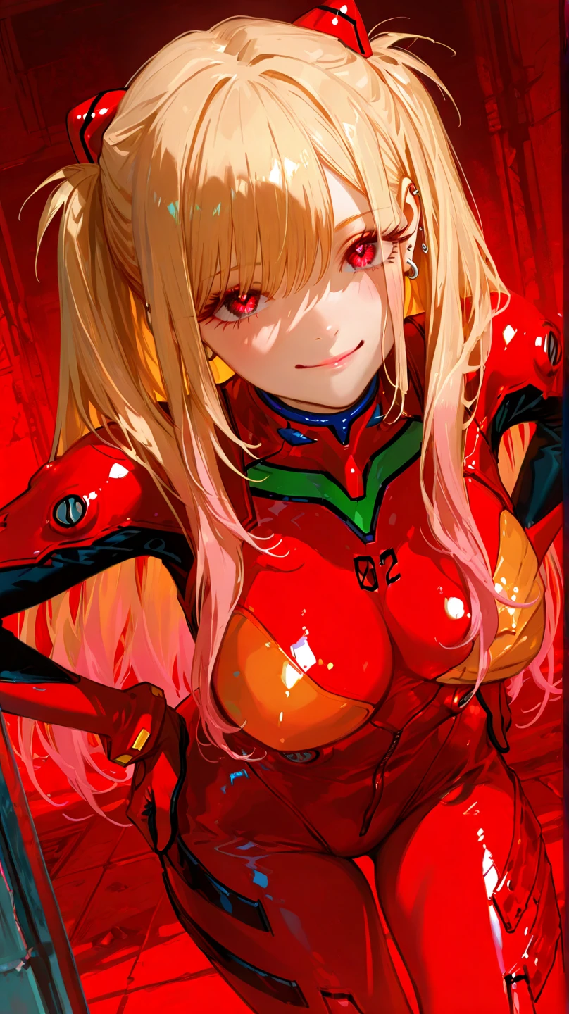 1girl, marin kitagawa, long hair, bangs, blonde hair, red eyes, multicolored hair, souryuu asuka langley \(cosplay\), bodysuit, pilot suit, plugsuit, red bodysuit, interface headset,,red background, smile, hands on hips,, cowboy shot, dutch angle, big breasts, egocentric smile, smile, evil smile,bent over,
HDR, 8K, high contrast,Smooth Quality , masterpiece, best quality, amazing quality, very aesthetic, high resolution, ultra-detailed, absurdres, photorealistic, volumetric lighting, dramatic shadows, cinematic lighting, newest, scenery, holographic colors,high contrast color,illustration, perfect composition,perspective, intricate details, , incredibly absurdres,  cute, gradient colors,  BREAK ,nsfw, ambient occlusion, raytracing, soft lighting, blum effect, absolutely eye-catching,high gamut colors,  glow, shining, intricate cinematic background, (beautiful face),BREAK  highly detailed,BREAK,photo realistic,Dutch angle,BREAK,
nsfw, usnr, 748cmstyle,,shiny skin,
BREAK,beautiful eyes, big eyes, detailed eyes, detailed pupils, perfect body, (reflective eyes),