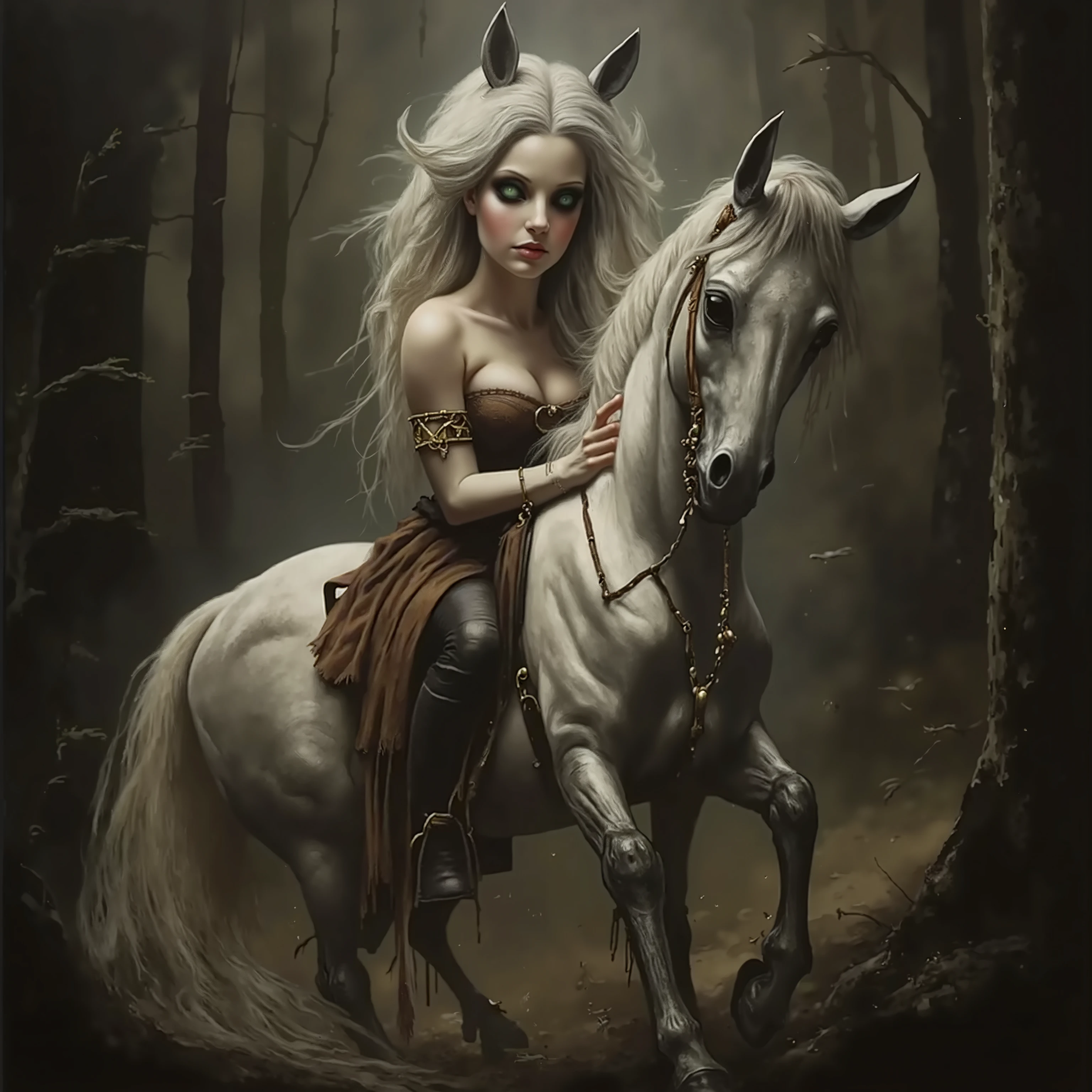 Full body, a realistic female centaur, her stunning upper body is a gorgeous human woman, her legs and lower half a beautiful white Arabian mare, her hair is shock white waves of silk, her eyes a bright mischievous emerald green, she gazes at the viewer seductively and smiles as she makes her way through dark and dense woods, she wears an unbuttoned leather doublet that barely covers her heavy breasts, fantastical, mythical, high definition, 8k, fantasy, realistic, rich textures, perfect hands, perfect face, perfect hair, perfect musculature, 