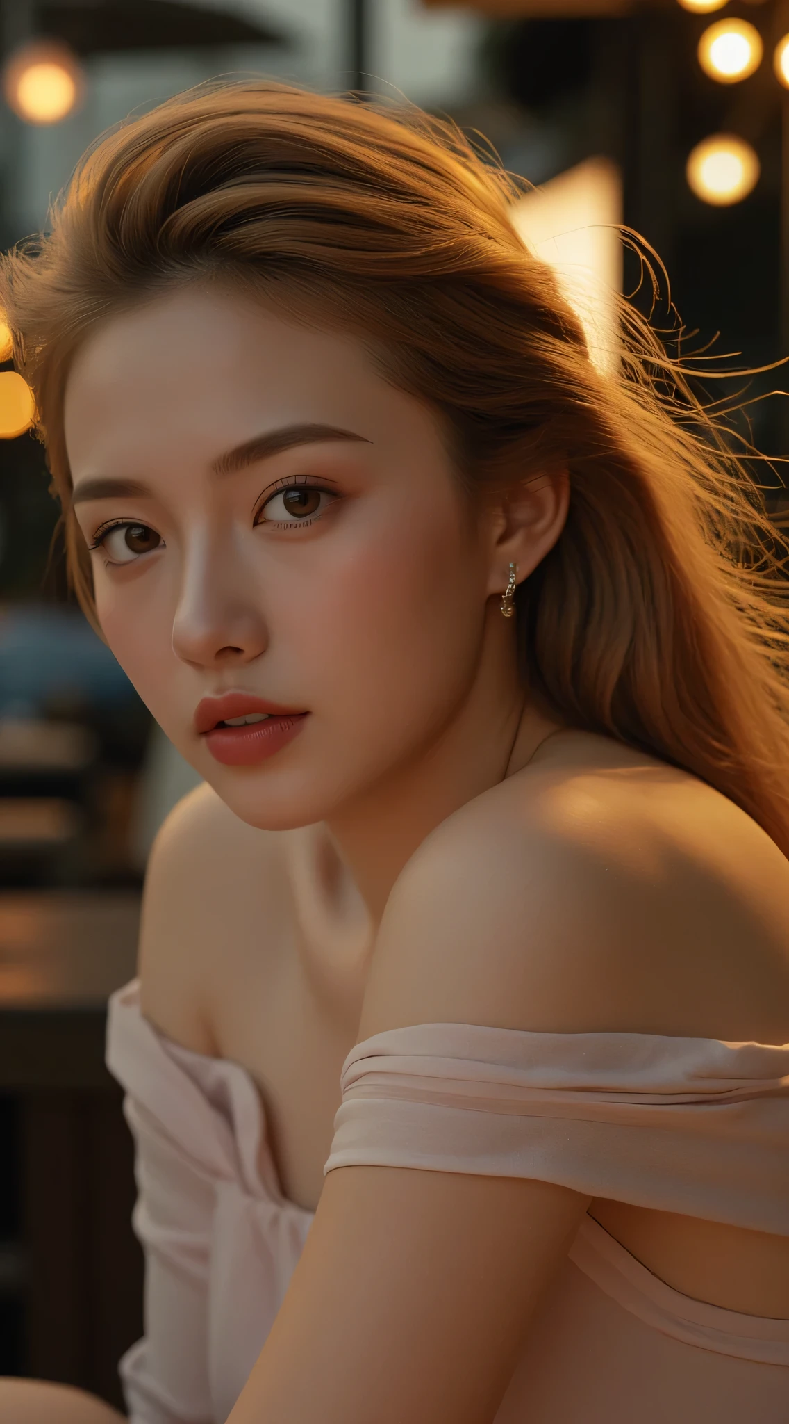 photo of adult woman, highlight hair, sitting outside restaurant, wearing dress, rim lighting, studio lighting, looking at the camera, dslr, ultra quality, sharp focus, tack sharp, dof, film grain, Fujifilm XT3, crystal clear, 8K UHD, highly detailed glossy eyes, high detailed skin, skin pores