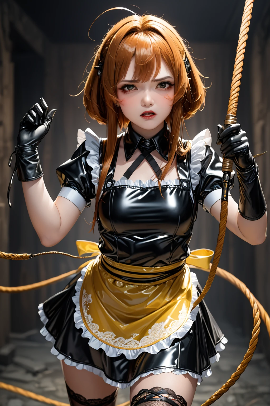  ultra,  The highest quality image ,  artistic masterpiece.  The Japanese-looking girl ,  heavenly beauty , 18+. arrogant, very angry, dissatisfied. copper hair ,  maid bandage .  Black lace latex dress ,  black lace latex skirt ,  black latex stockings ,  black latex gloves,:   (Yellow latex lace apron) .  No naked body . Standing in a dark ,  raw dungeon.Holds a black weapon , whip ping, cutting , whip, fighting stance,((( whipping:1.2, motion blur   ))), arms outstretched , doyagao , входящий vertical whip: 1.2 , incoming horizontal whip: 1.2