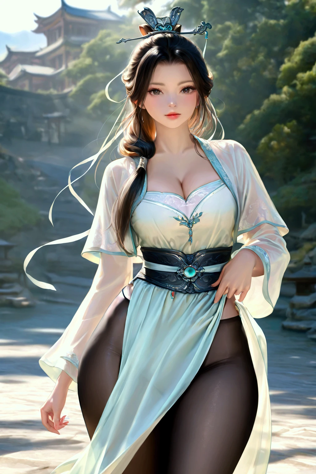 gufeng, guofeng, chinese clothes, hanfu, black pantyhose,
1girl, solo_focus, eyelashes, breasts, cleavage, thick thighs, wide_hips,  looking at viewer, upper body, 
masterpiece, best quality, realistic, 8k, official art, cinematic light, ultra high res, perfect female body, sharp focus, 
HDR, 8k, amazing quality, very aesthetic, absurdres, newest, detailed skin, detailed eyes, detailed hair, fantasy, photorealistic, photo background,  
uncensored, textless_version , 