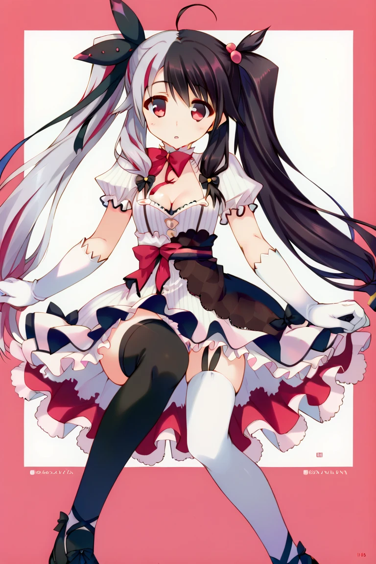 (masterpiece, best quality:1.2), solo, 1girl, yorumi rena, smile, looking at viewer, hands on hips, twintails, hair bobbles, hair ribbon, dress, striped, bow, puffy short sleeves, white gloves, asymmetrical legwear, thighhighs