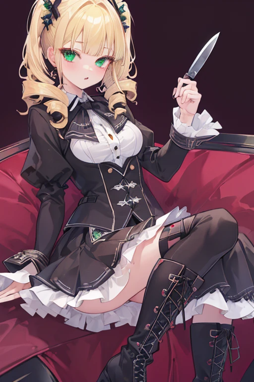 (((Highest quality ultra detailed,Unity 8k))),Twin Drill,emerald eye,Posing,blazer:1.1 (Gothic Lolita:1.2),,blunt bangs,lace up boots,Blonde,medium hair,knife,Licking one&#39;s lips,looking down, watching at Viewer:1.3,looking down,smile
