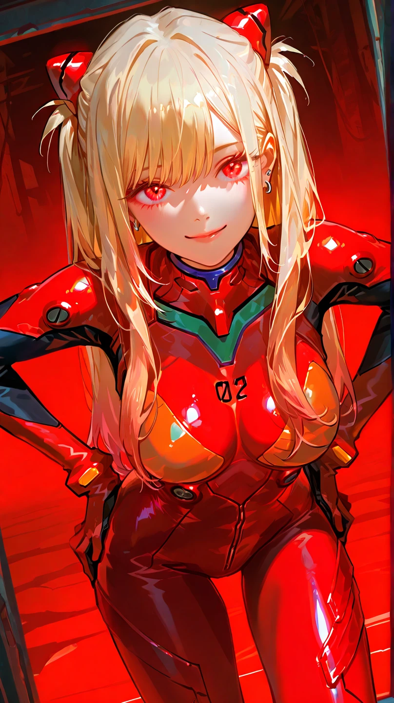 1girl, marin kitagawa, long hair, bangs, blonde hair, red eyes, multicolored hair, souryuu asuka langley \(cosplay\), bodysuit, pilot suit, plugsuit, red bodysuit, interface headset,,red background, smile, hands on hips,, cowboy shot, dutch angle, big breasts, egocentric smile, smile, evil smile,bent over,
HDR, 8K, high contrast,Smooth Quality , masterpiece, best quality, amazing quality, very aesthetic, high resolution, ultra-detailed, absurdres, photorealistic, volumetric lighting, dramatic shadows, cinematic lighting, newest, scenery, holographic colors,high contrast color,illustration, perfect composition,perspective, intricate details, , incredibly absurdres,  cute, gradient colors,  BREAK ,nsfw, ambient occlusion, raytracing, soft lighting, blum effect, absolutely eye-catching,high gamut colors,  glow, shining, intricate cinematic background, (beautiful face),BREAK  highly detailed,BREAK,photo realistic,Dutch angle,BREAK,
nsfw, usnr, 748cmstyle,,shiny skin,
BREAK,beautiful eyes, big eyes, detailed eyes, detailed pupils, perfect body, (reflective eyes),