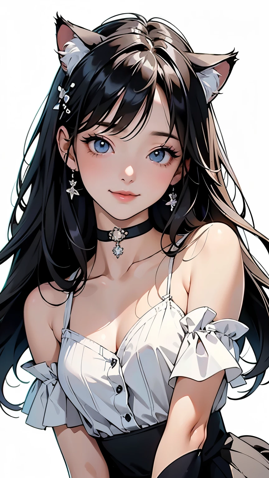 ( best quality , Masterpiece,  high definition)、( anime art)、,Cinematic Light、Soft light、 girl 、 black hair、 Striped Cat Costume 、cat ears、   hair ornament、 choker 、 The enchanting smile of 、 little chest、Cat pose、((  White Background ))、