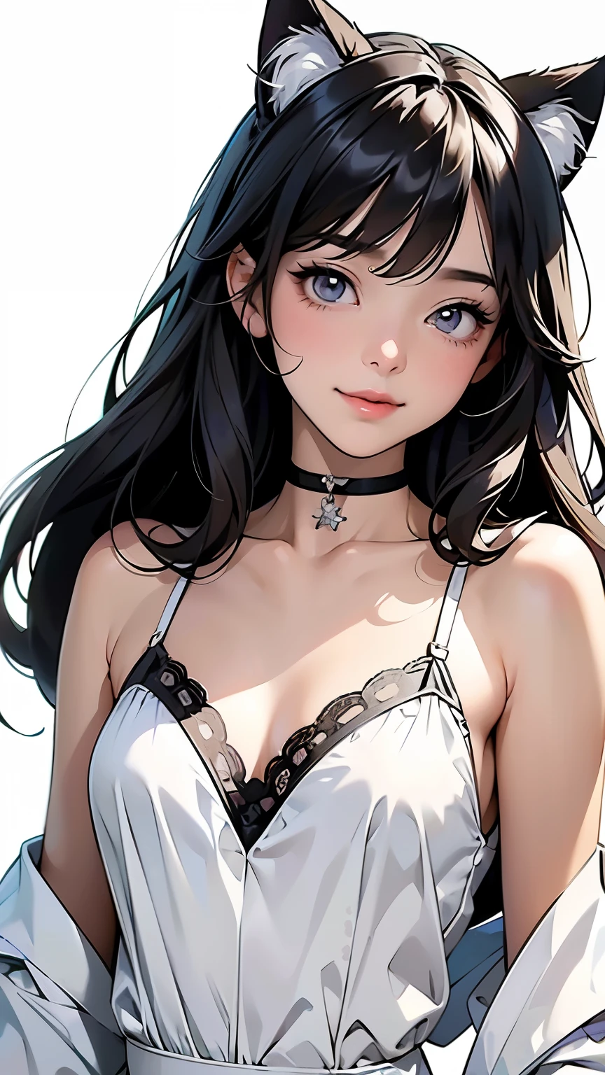 ( best quality , Masterpiece,  high definition)、( anime art)、,Cinematic Light、Soft light、 girl 、 black hair、 Striped Cat Costume 、cat ears、   hair ornament、 choker 、 The enchanting smile of 、 little chest、Cat pose、((  White Background ))、