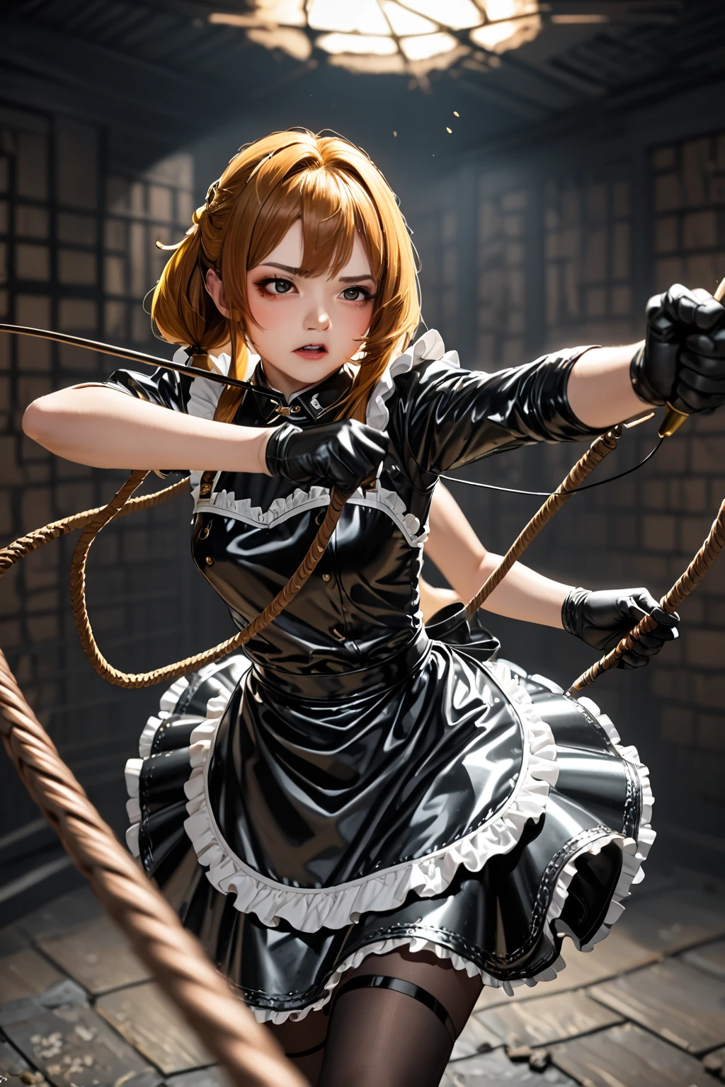  ultra,  The highest quality image ,  artistic masterpiece.  The Japanese-looking girl ,  heavenly beauty , 18+. arrogant, very angry, dissatisfied. copper hair ,  maid bandage .  Black lace latex dress ,  black lace latex skirt ,  black latex stockings ,  black latex gloves,:   (Yellow latex lace apron) .  No naked body . Standing in a dark ,  raw dungeon.Holds a black weapon , whip ping, cutting , whip, fighting stance,((( whipping:1.2, motion blur   ))), arms outstretched , doyagao , входящий vertical whip: 1.2 , incoming horizontal whip: 1.2