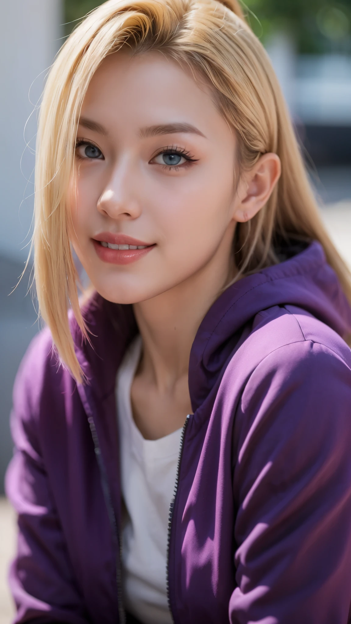 a close up of a person with long hair and a purple jacket, yamanaka ino, yamanaka ino from naruto shippuden, as an anime character, perfect anime face, she has yellow hair with bangs, shemale anime character, anime character, anime best man, hime cut hairstyle, yellow hair, blue eyes, smile, realistic, ultra detail, city background, (beautiful face:1.3)