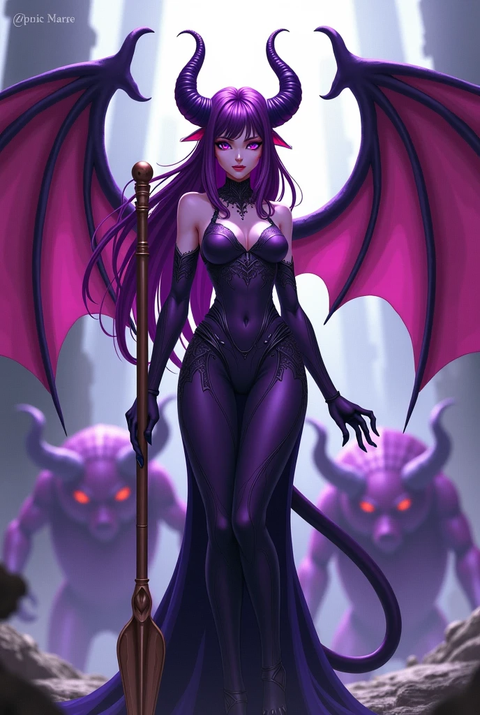 ((best qualityer)), ((work of art)), (detailded), 1 girl, ombro to ombro sweater, castlevania nocturne sexy vampire character Drolta Tzuentes, vampire suit, night, castle im background, purple flame shaped hair, purples eyes, very long wings open, long, thin tail with a purple flame-shaped tip, long boots with high heel platform type in black, medium sized pointy ears turned slightly outward with dangling purple stone earrings.