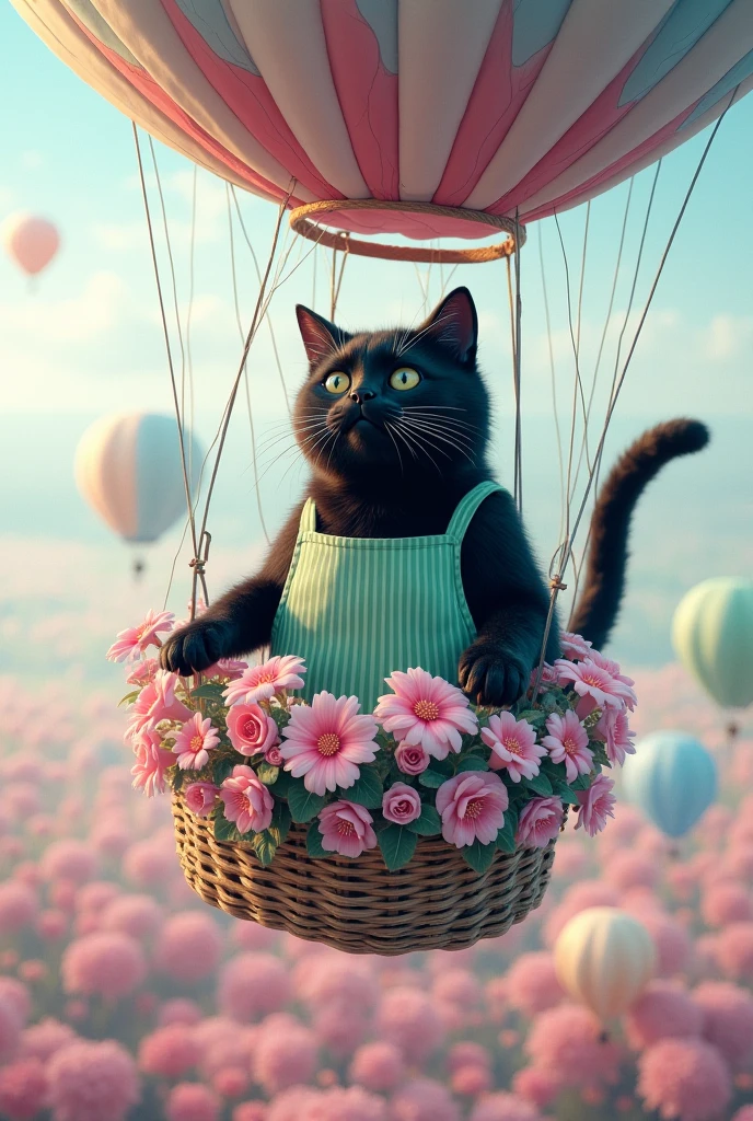 ultra-realistic, photorealistic, dramatic scene, shadow, global-illumination, the human-like giant black cat\(wearing a vertical striped green apron, black cat \), the cat is riding in a hot air balloon and floating in the air in the various pastel colored flower field with full bloom, a hot air balloon is rising up into the sky, the large basket of the hot air balloon is gorgeously decorated with various pastel colored flowers, sunny day in winter, spectacular view of vast flower field with large hot air balloon, very cute pastel colors of pink and light blue with light green