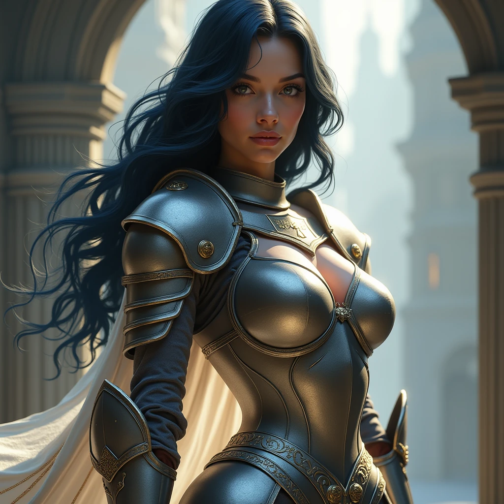 Masterpiece, photorealistic, highly detailed, UPSCALED, far view shot, full character portrait, full character shot, watching to the camera, mature woman, wide hips, very tall, medium breast,muscular, skin colour white, black armored gloves, Chonky black armor chest plate, black armor boots, golden necklace, black sword, sword in hand,spending time outside of a dark castle, perfect digital art, glowing shadows, gloomy, ultra detailed photo, full detailed photo, depth of field, ultra focus, ultra sharped, ultra detailed, ultra detailed background, whole head, Perfect anatomy, yellow eyes, glowing eyes, sharp eyes, narrowed eyes, dark blue hair, wavy hair, nice hair, single braid. eyeliner and makeup, beautiful face, nice hands. 4HDK, isometrics details, octane render, high definition, approaching perfection, pure form, golden ratio, intricate details, stunning, iridescent and luminescent textures, breathtaking beauty, pure perfection, divine presence, unforgettable, impressive,, artwork inspired by Brian Froud and Carne Griffiths and Wadim Kashin, intricate details, oil