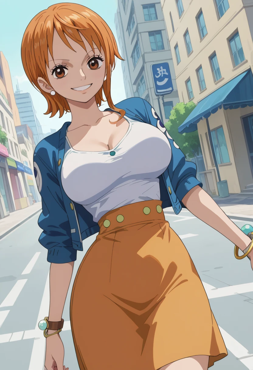 score_9, score_8_up, score_7_up, source_anime, (anime coloring, anime screencap:1.2), flat color, sharp image, megami magazine, short hair, source_anime, best quality, clear face, Nami, orange hair, brown eyes, short hair, thin waist, narrow_waist, wide hips, big breasts, beautiful legs, smile, happy face, dress, jacket, bracelet, standing, outdoors, city, street