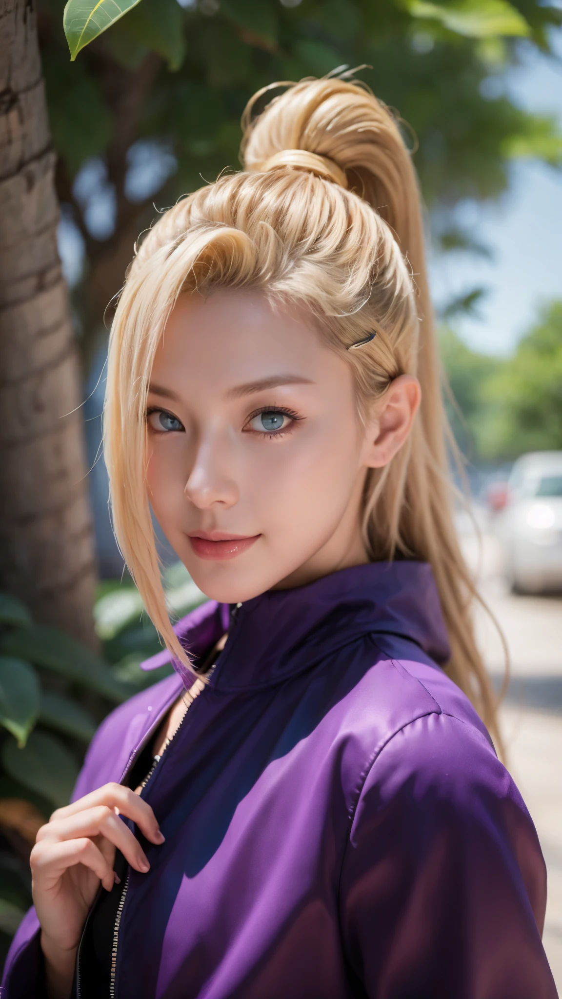 a close up of a person with long hair and a purple jacket, yamanaka ino, yamanaka ino from naruto shippuden, as an anime character, perfect anime face, she has yellow hair with bangs, shemale anime character, anime character, anime best man, hime cut hairstyle, yellow hair, blue eyes, smile, realistic, ultra detail, city background, (beautiful face:1.3)