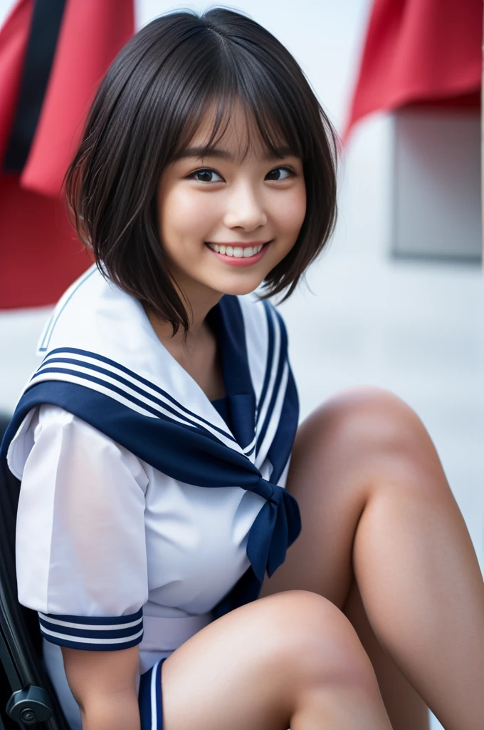 One girl, Short hair up to shoulders,Black Hair,smile, summer, room,Bed,Sit down,Junior high school freshman,A refined face,Look at this,front,Sailor suit,Skirt above the knee,Down to the feet,Fair skin, (masterpiece, Highest quality), Soft Light, Structure of the film, Like in the movies