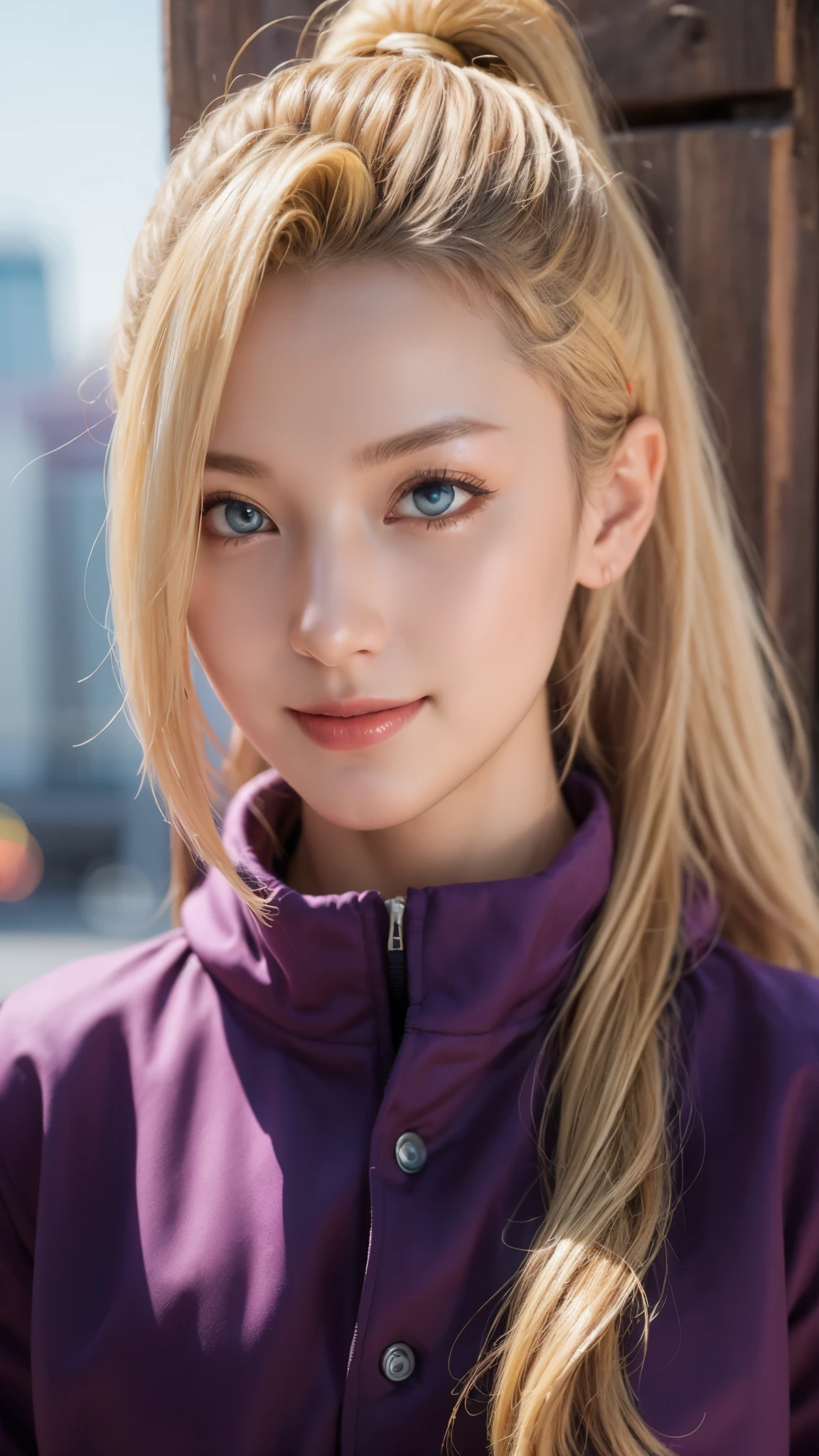 a close up of a person with long hair and a purple jacket, yamanaka ino, yamanaka ino from naruto shippuden, as an anime character, perfect anime face, she has yellow hair with bangs, shemale anime character, anime character, anime best man, hime cut hairstyle, yellow hair, blue eyes, smile, realistic, ultra detail, city background, (beautiful face:1.3)