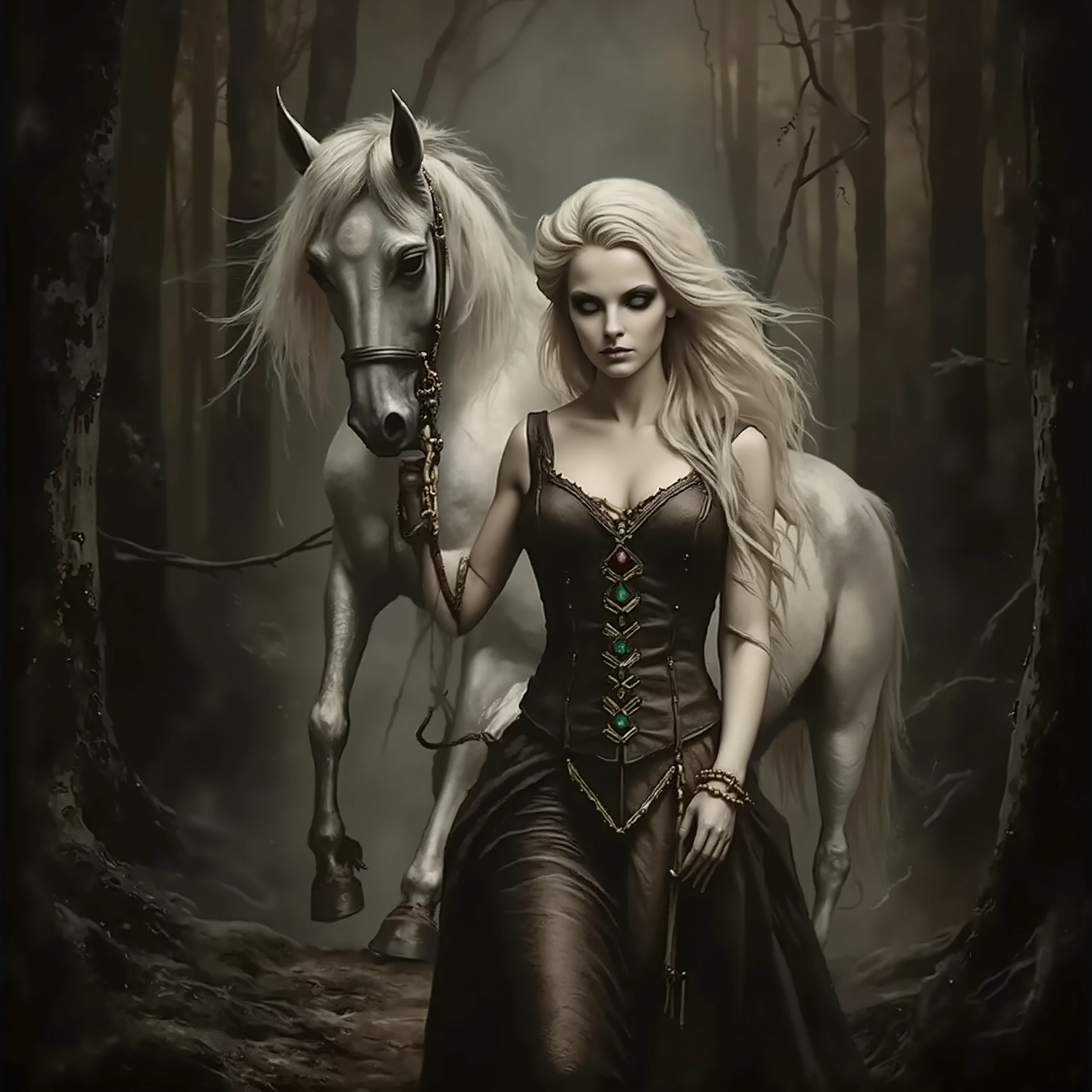 Full body, a realistic female centaur, her stunning upper body is a gorgeous human woman, her legs and lower half a beautiful white Arabian mare, her hair is shock white waves of silk, her eyes a bright mischievous emerald green, she gazes at the viewer seductively and smiles as she makes her way through dark and dense woods, she wears an unbuttoned leather doublet that barely covers her heavy breasts, fantastical, mythical, high definition, 8k, fantasy, realistic, rich textures, perfect hands, perfect face, perfect hair, perfect musculature, 