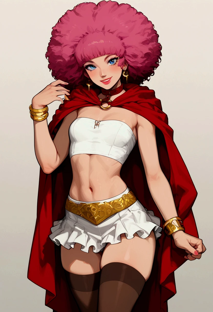 “Character”: (Sill Plain), “Source”: (Rance Quest), “General”: ( 1girl +pink hair +blue eyes +short hair +pink afro +spiky bangs +wavy hair +petite +small breast +smile +slave +thick thighs +gold Bracelet +red cape +animal collar +red collar +gold Decorative belt +gold earrings +white mini skirt +brown thigh-high stockings +white crop top)