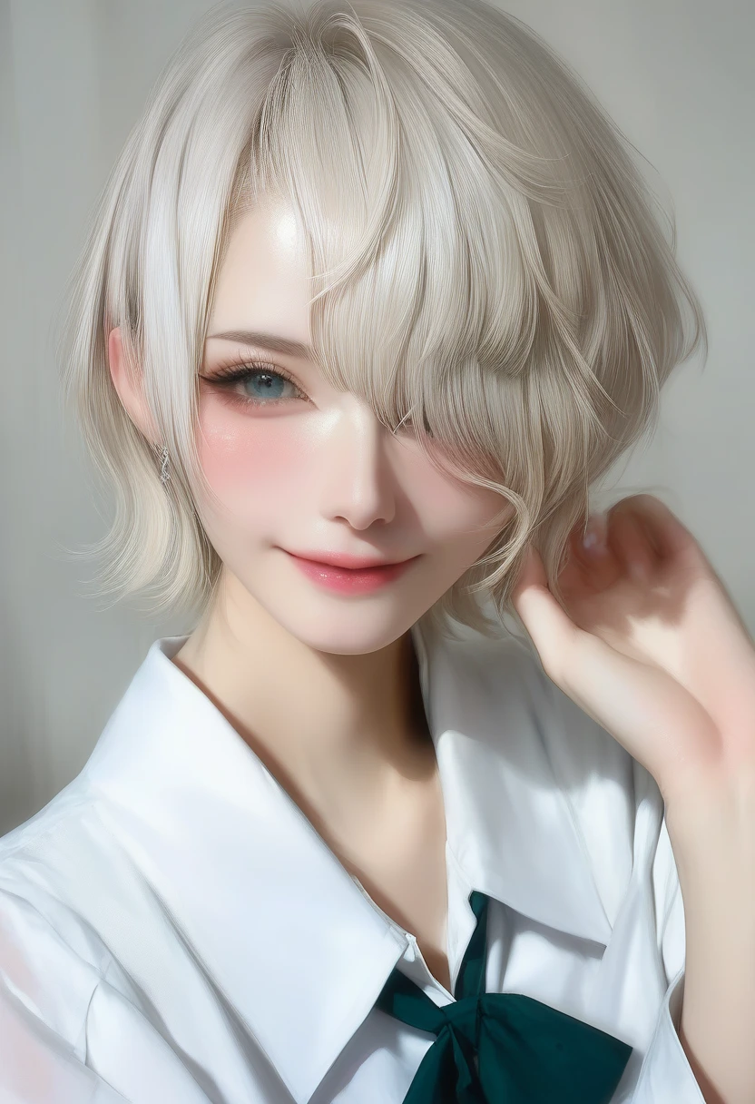 score_9, score_8_up, score_7_up, (8k、 super high resolution 、 top quality、 Masterpiece、Photorealistic、Ultra-high definition), school uniform,
BREAK blonde white hair, hime cut hairstyle, short hair, pale porcelain white skin, blush, smile, closed mouth