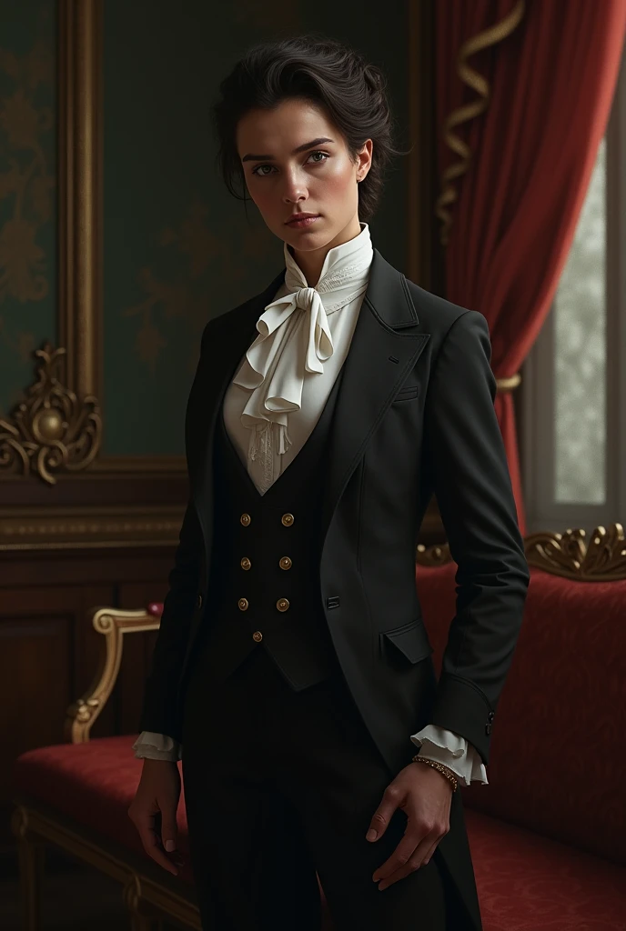 masterpiece, best quality, 1 boy, green eyes, dark skin, brown hair, short hair, curly hair, gold earrings, jewelry, white dress shirt, long sleeve, black corset, simple background, solo, upper body