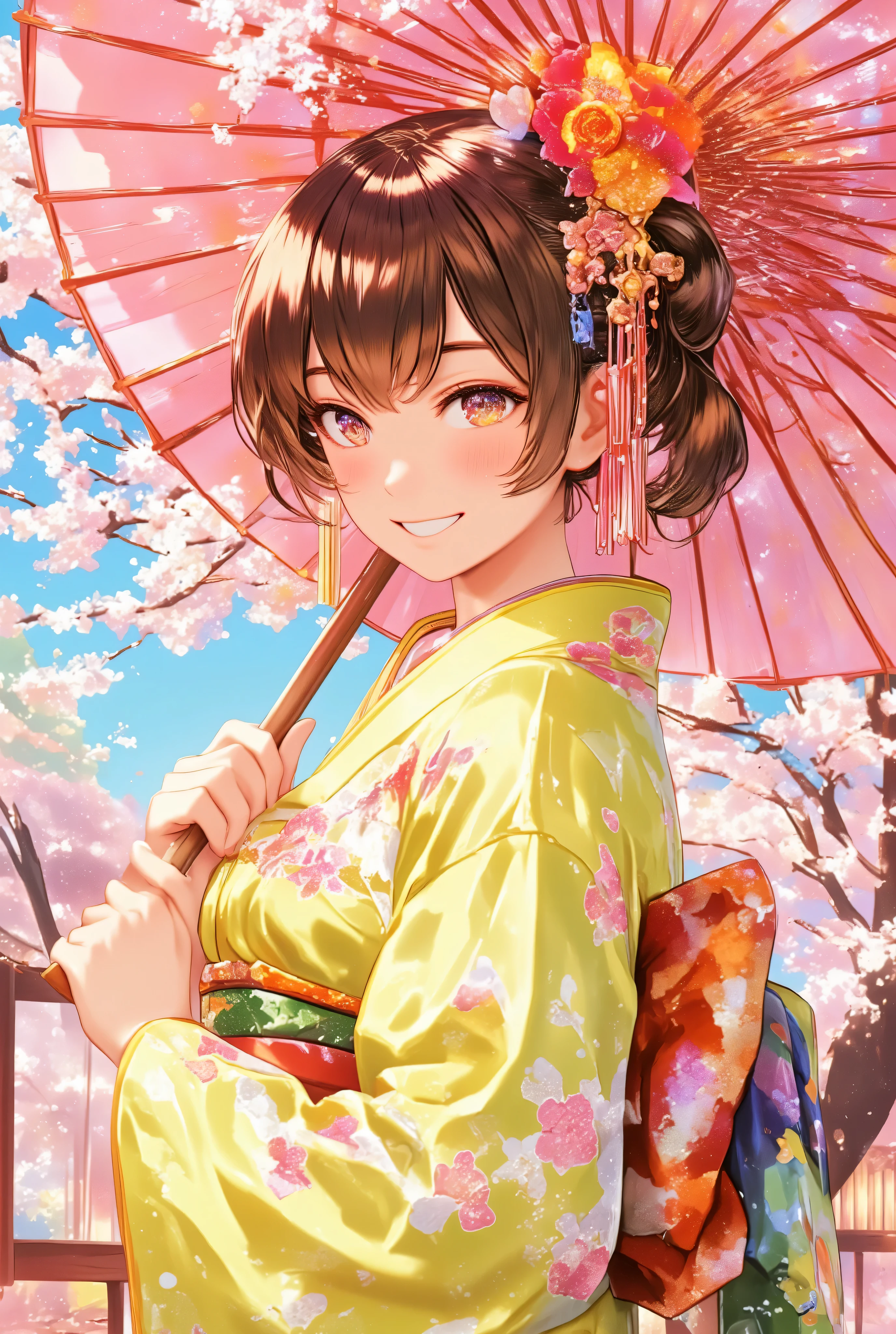 ( best quality :1.5), ( ultra high definition:1.5), (Anatomically Accurate Human Structure), (masterpiece), Accurate, more details,  high detail,Award-winning works,32K,  professional illustration , Absurd ,Young woman holding a Japanese umbrella,  cute Japanese woman holding a Japanese umbrella in her hand ,  } A beautiful and cute woman wearing a Japanese yellow-green kimono standing with a Japanese umbrella, upper body shot above the knee ,  1 Japanese woman, 20 years old, Height: 158cm,  looking at me with a very bright and cute smile , Beautiful Japanese-style hair ornaments that suit a kimono ponytail, Orange and pink Japanese-style hair ornament ,  yellow-green Nishijin kimono with a beautiful and detailed cherry blossom pattern , Japanese Style , beautiful anime portrait, detailed portrait of an anime girl ,  amazing beautiful anime portrait ,  beautiful anime woman  ,  A digital animation illustration with a very detailed depiction , Very artistic, realistic,  A beautiful anime girl showing beautiful and detailed skin ,  ponytail, Beautiful yellow-green kimono , standing with cherry trees and cherry blossom fuki in the background , Accurate , Accurate ,  Accurate, Five fingers on a hand, Hair dancing in the wind,  lots of cherry blossoms dancing in the wind ,  poses with fun movements 