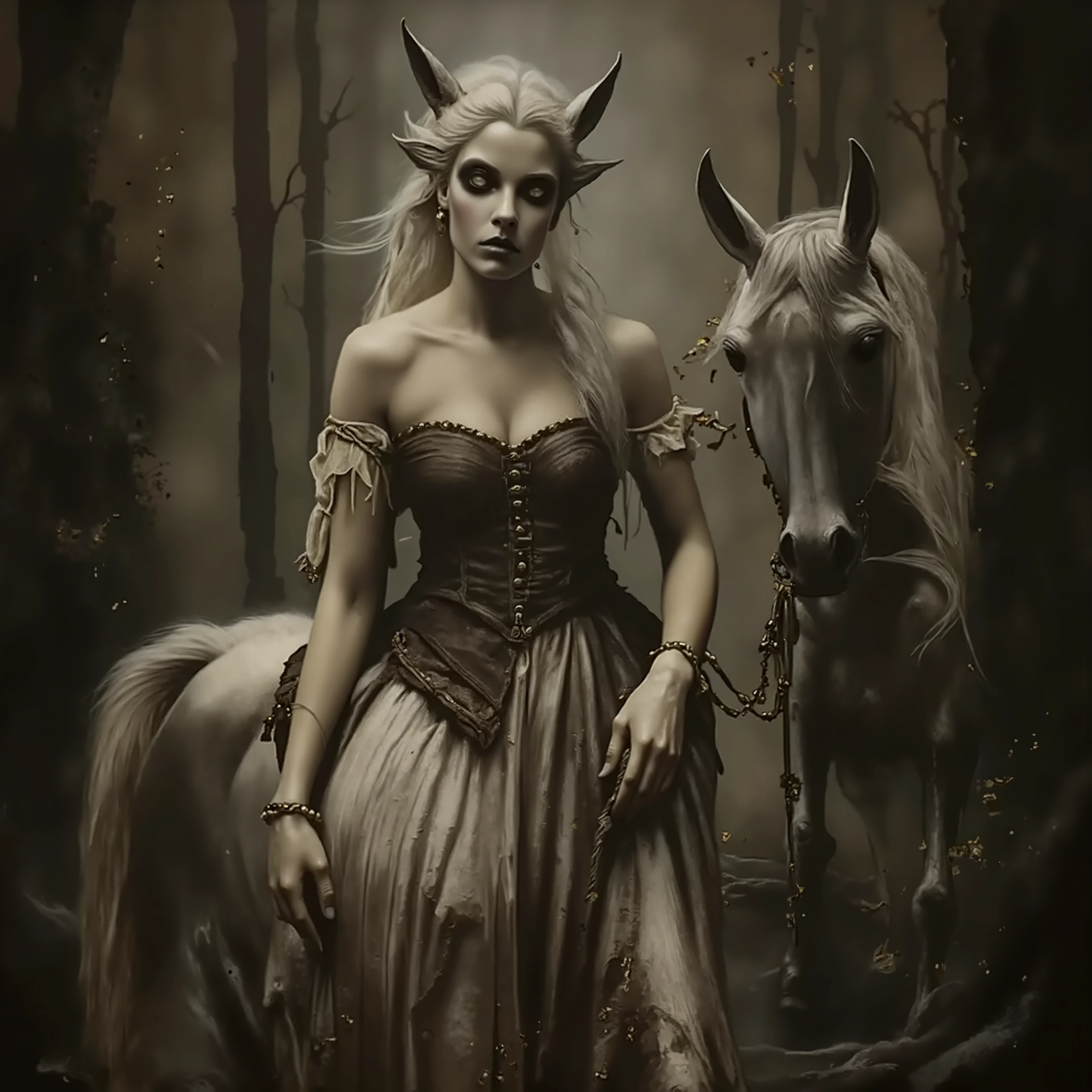 Full body, a realistic female centaur, her stunning upper body is a gorgeous human woman, her legs and lower half a beautiful white Arabian mare, her hair is shock white waves of silk, her eyes a bright mischievous emerald green, she gazes at the viewer seductively and smiles as she makes her way through dark and dense woods, she wears an unbuttoned leather doublet that barely covers her heavy breasts, fantastical, mythical, high definition, 8k, fantasy, realistic, rich textures, perfect hands, perfect face, perfect hair, perfect musculature, 