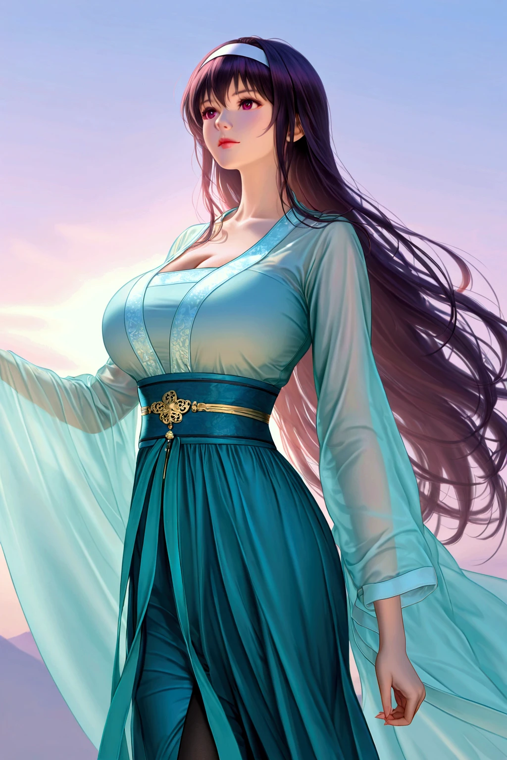 (kasumigaoka_utaha:1.1), huge breasts, (very long hair:1.0),  

black pantyhose, upper body, 
masterpiece, best quality, realistic, 8k, official art, cinematic light, ultra high res, perfect female body, sharp focus, guofeng, hanfu, 1girl, solo, chinese clothes, realistic,