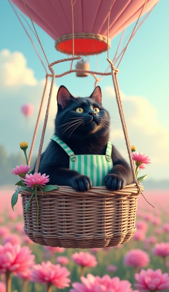 ultra-realistic, photorealistic, dramatic scene, shadow, global-illumination, the human-like giant black cat\(wearing a vertical striped green apron, black cat \), the cat is riding in the basket of a hot air balloon and floating in the air in the various pastel colored flower field with full bloom, a hot air balloon is rising up into the sky, the large basket of the hot air balloon is gorgeously decorated with various pastel colored flowers, sunny day in winter, spectacular view of vast flower field with large hot air balloon, very cute pastel colors of pink and light blue with light green