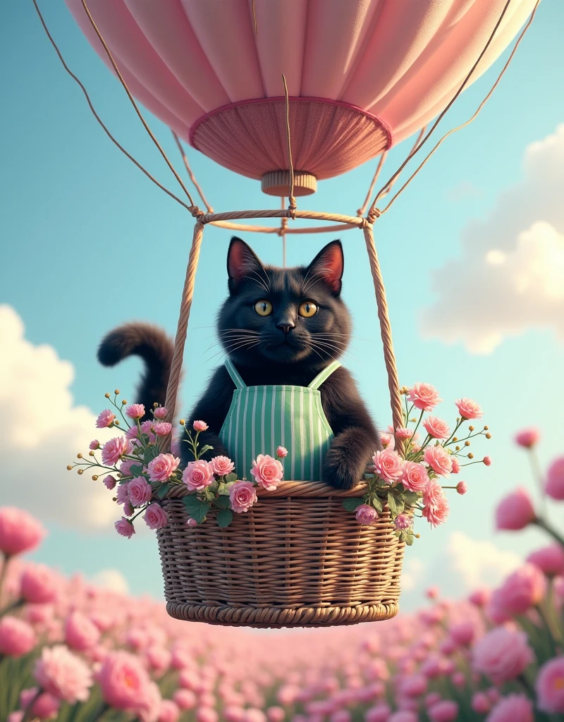 ultra-realistic, photorealistic, dramatic scene, shadow, global-illumination, the human-like giant black cat\(wearing a vertical striped green apron, black cat \), the cat is riding in the basket of a hot air balloon and floating in the air in the various pastel colored flower field with full bloom, a hot air balloon is rising up into the sky, the large basket of the hot air balloon is gorgeously decorated with various pastel colored flowers, sunny day in winter, spectacular view of vast flower field with large hot air balloon, very cute pastel colors of pink and light blue with light green