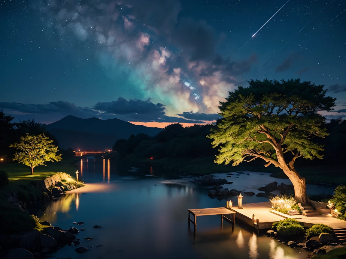 ( 神奇的漂亮夜晚Sky綠色的溪流覆蓋場景), (Sky), (cloud), soft light, clean background , Beautiful Landscape , desktop, High Quality , beautiful graphics , high detail, Epic Landscape , flower園, flower, cloud, (starry night sky, the river behind, Behind the giant old tree , 粉紅色的flower瓣在背後閃閃發光)