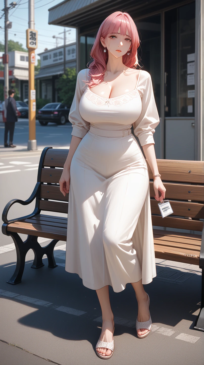 Beautiful and regal, imperious and aloof, busty athletic (thin) brunette queen with sharp facial features wearing a modest updo, dark red medieval dress, long sleeves, intricate patterns, embroidery, wide neck, crown, veil, long dress, modest dress, tight bodice, silver (waist chain), medieval jewelry, Middle Ages, castle, rampart, wall, exterior, on top of a castle wall, trees, countryside, evening, sunset.